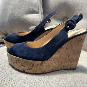 Veronica Beard Dali Peep Toe Platform Wedge Sandal - Navy Blue. Size 7.5M